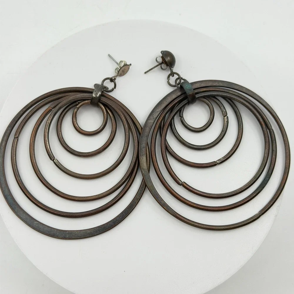 Copper Tone Concentric Multi Hoop Dangle Earrings Boho Artisan Statement Gift